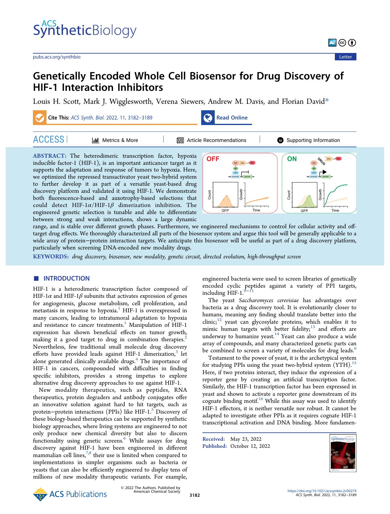 Genetically Encoded Whole Cell Biosensor for Drug Discovery of HIF-1 Interaction Inhibitors by Louis H. Scott Mark J. Wigglesworth Verena Siewers Andrew M. Davis and Florian David