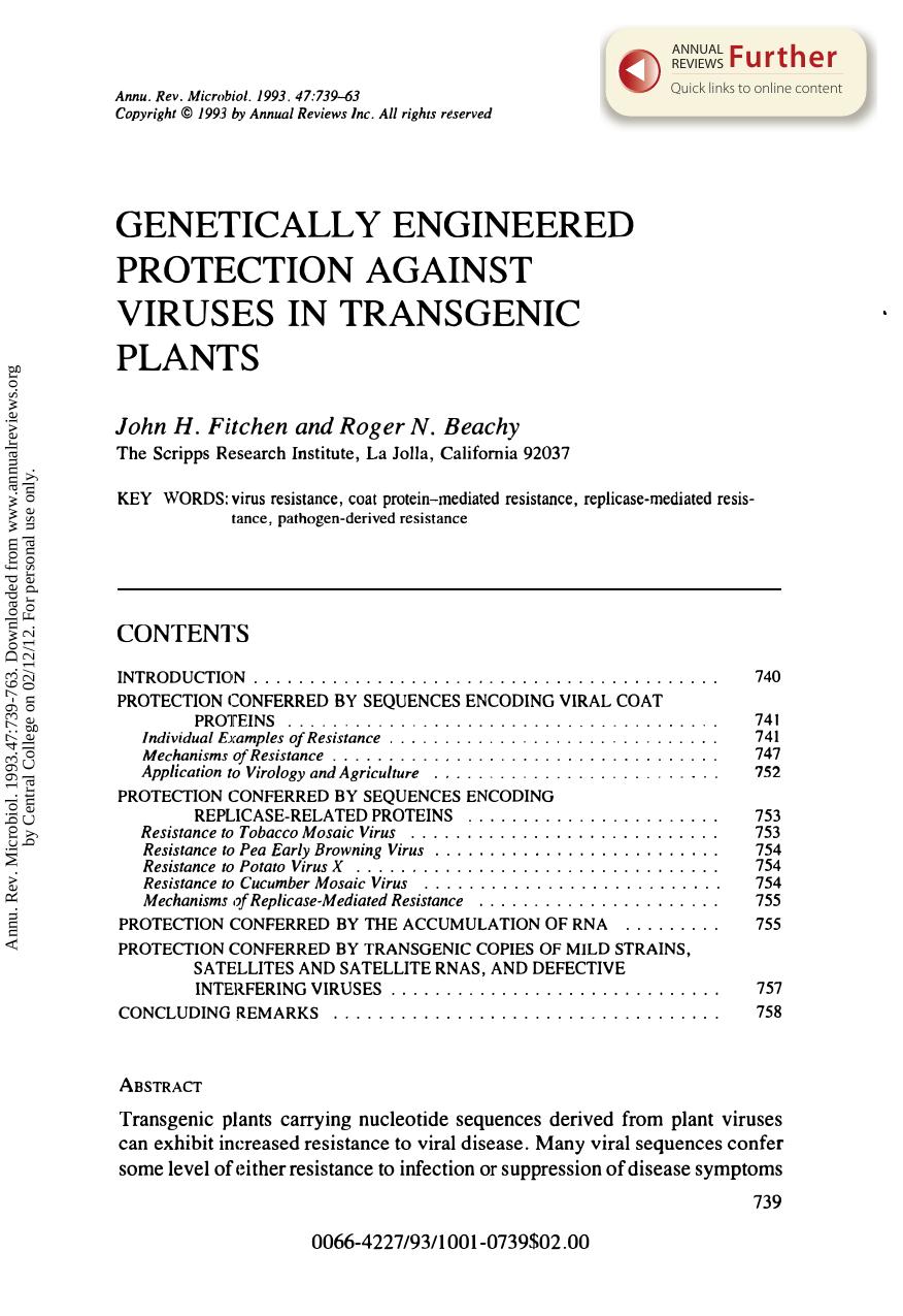 Genetically Engineered Protection Against Viruses in Transgenic Plants by J H Fitchen & R N Beachy