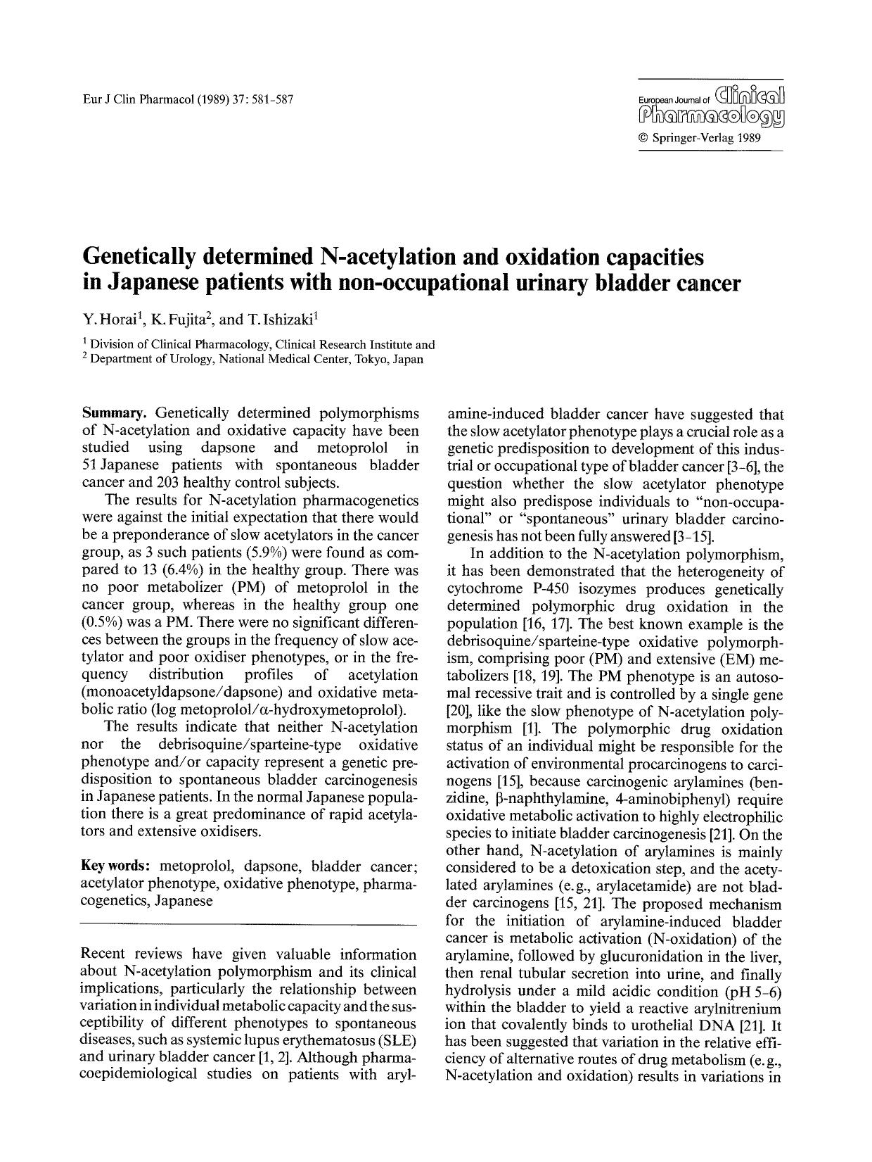 Genetically determined N-acetylation and oxidation capacities in Japanese patients with non-occupational urinary bladder cancer by Unknown