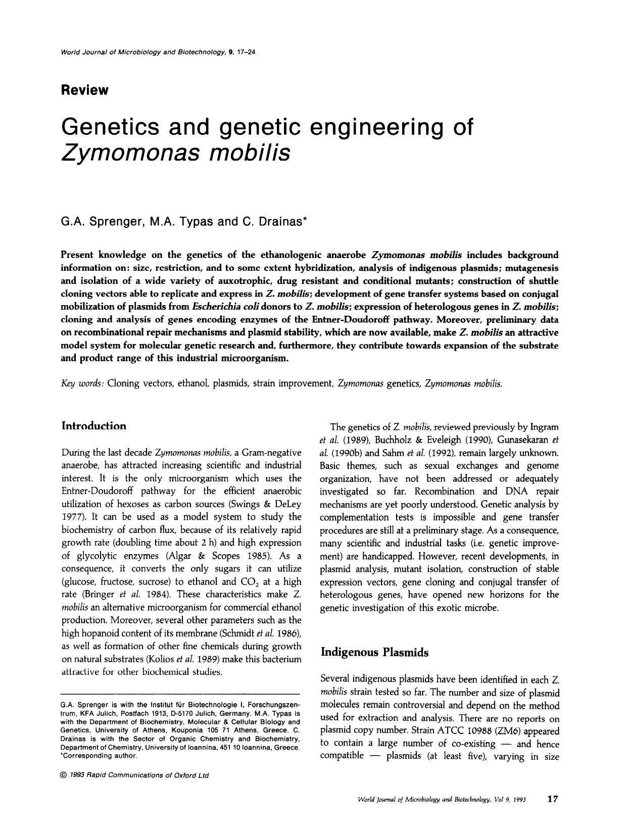 Genetics and genetic engineering of <Emphasis Type="Italic">Zymomonas mobilis <Emphasis> by Unknown