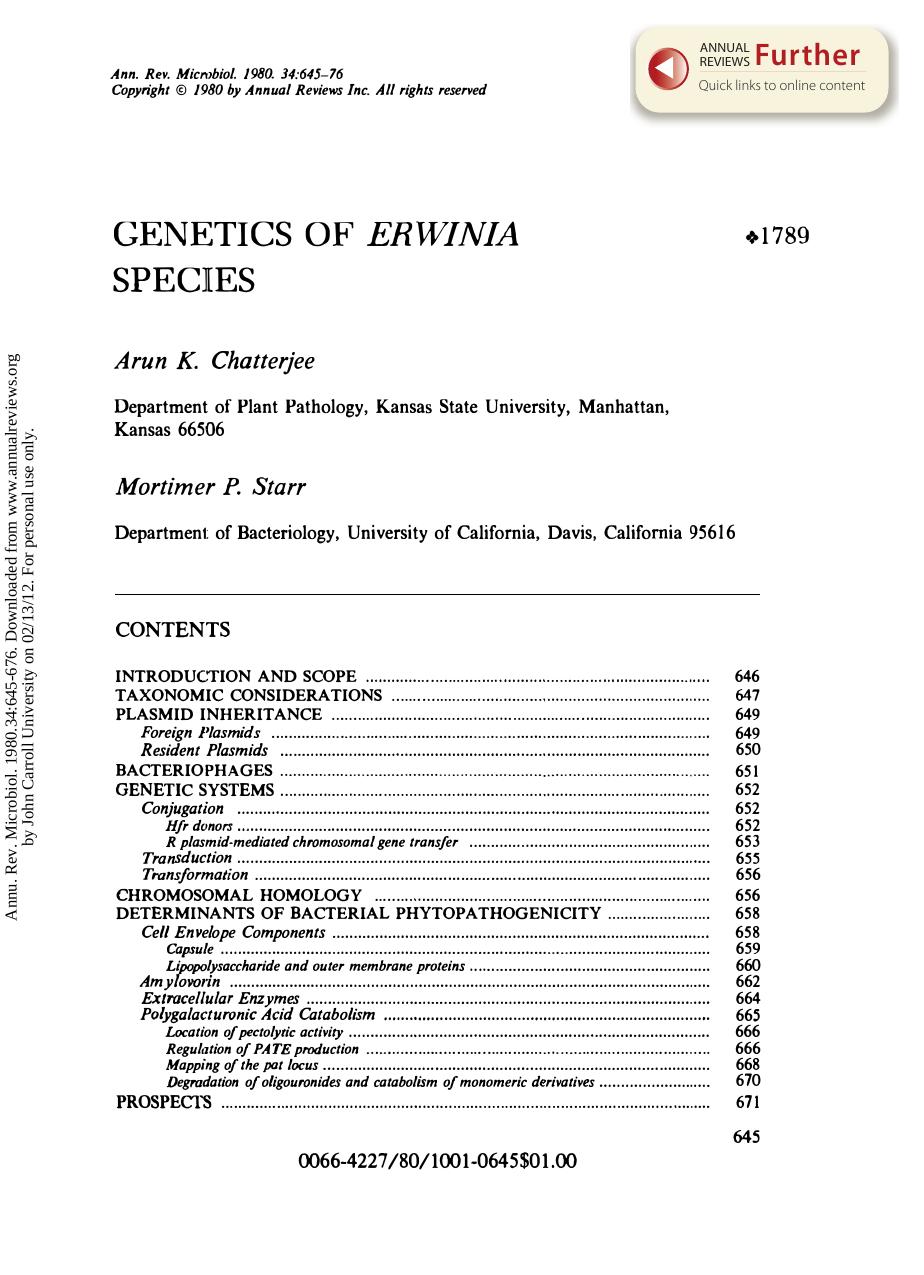 Genetics of Erwinia Species by A K Chatterjee & M P Starr