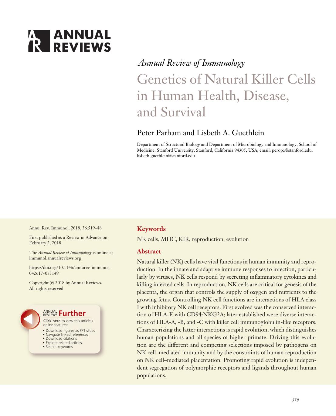 Genetics of Natural Killer Cells in Human Health, Disease, and Survival by Peter Parham and Lisbeth A. Guethlein