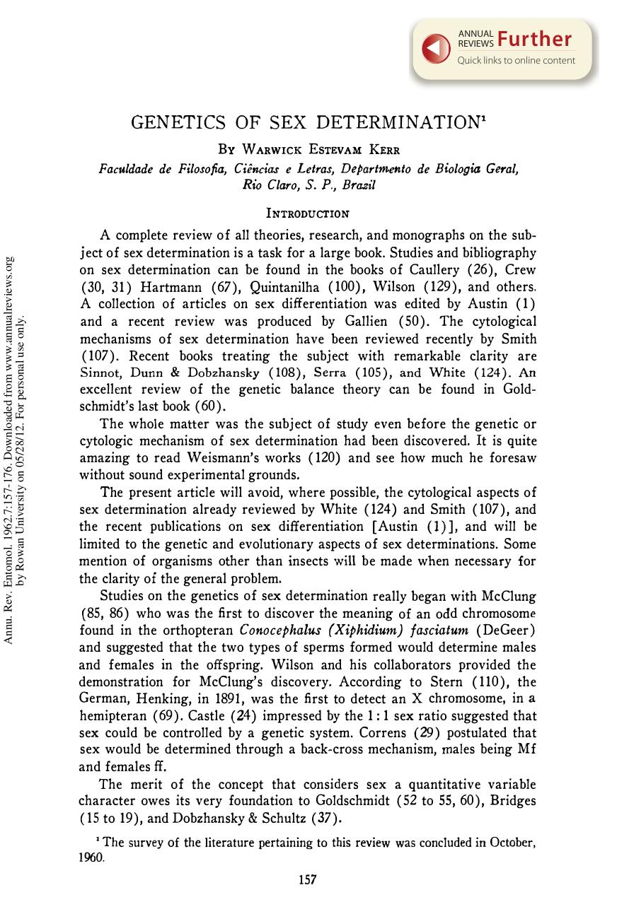 Genetics of Sex Determination by W E Kerr