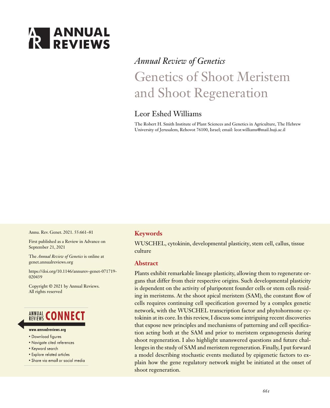 Genetics of Shoot Meristem and Shoot Regeneration by Leor Eshed Williams
