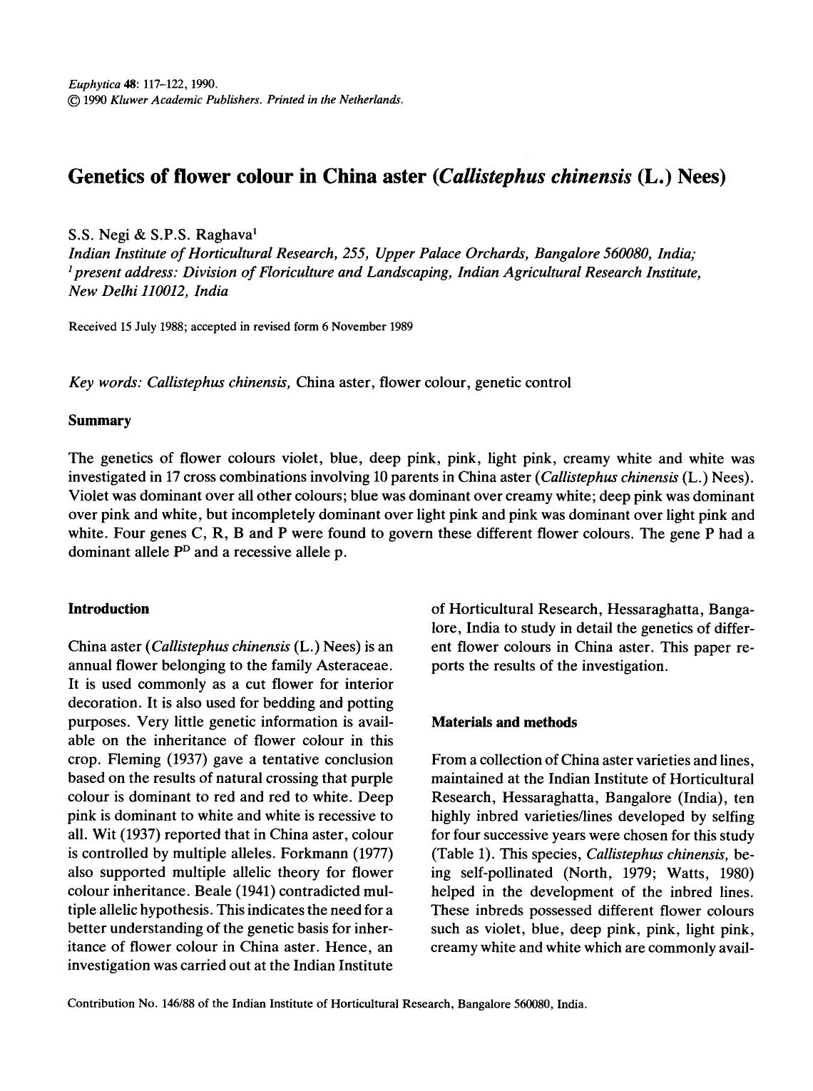 Genetics of flower colour in China aster (<Emphasis Type="Italic">Callistephus chinensis<Emphasis> (L.) Nees) by Unknown