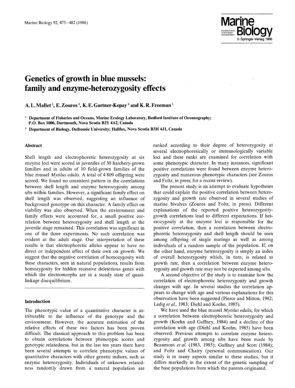 Genetics of growth in blue mussels: family and enzyme-heterozygosity effects by Unknown