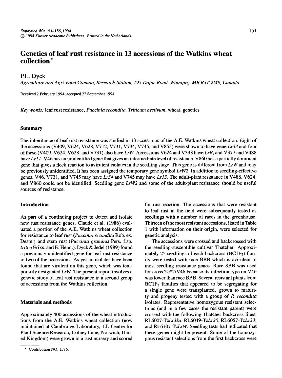 Genetics of leaf rust resistance in 13 accessions of the Watkins wheat collection by Unknown