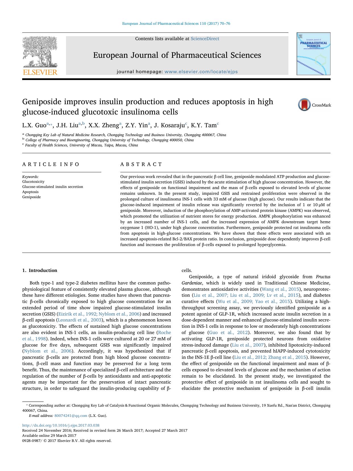 Geniposide improves insulin production and reduces apoptosis in high glucose-induced glucotoxic insulinoma cells by L.X. Guo & J.H. Liu & X.X. Zheng & Z.Y. Yin & J. Kosaraju & K.Y. Tam
