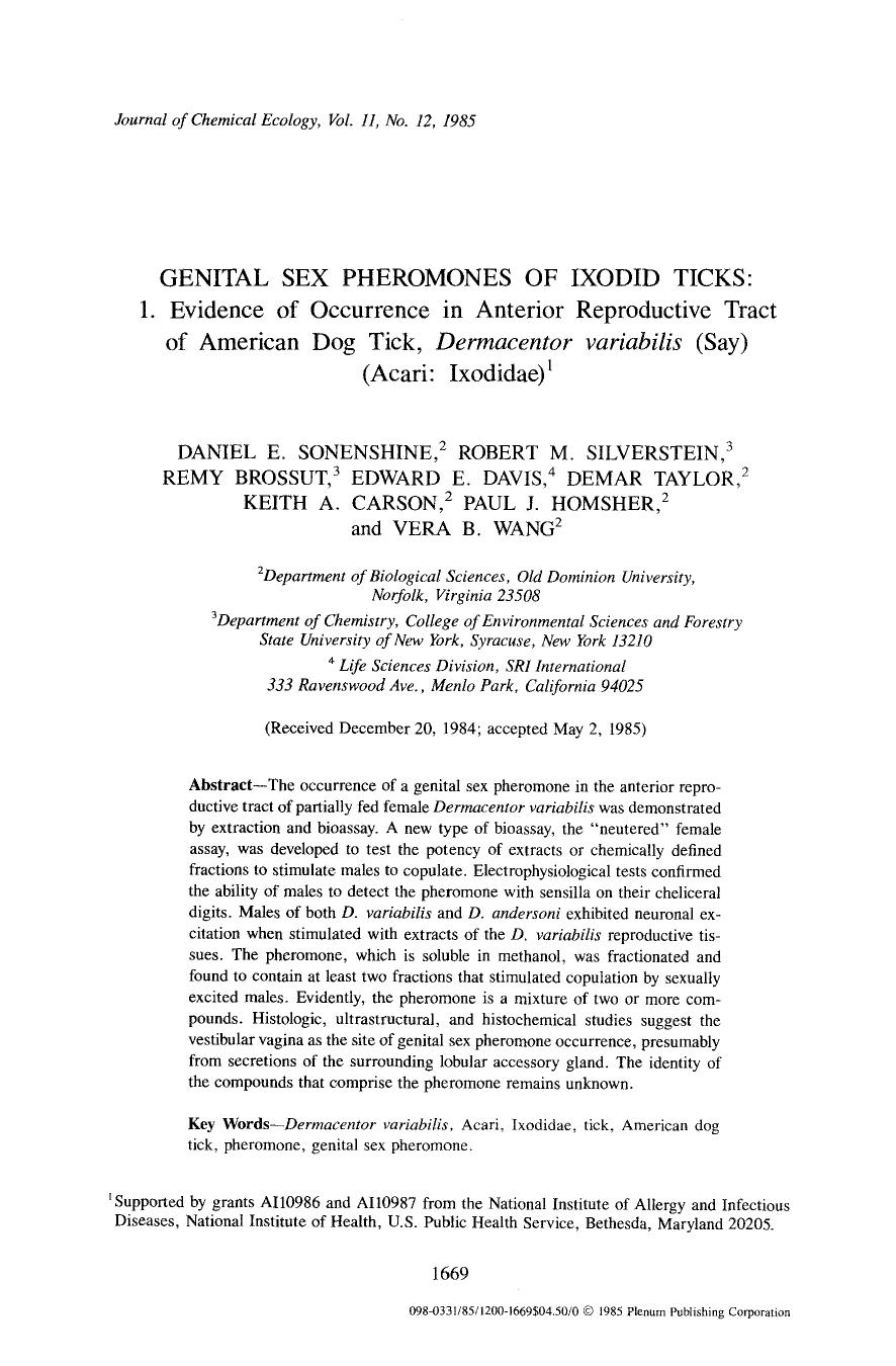 Genital sex pheromones of ixodid ticks: 1. Evidence of occurrence in anterior reproductive tract of American dog tick, <Emphasis Type="Italic">Dermacentor variabilis <Emphasis> (Say) (Acari: Ixodidae) by Unknown