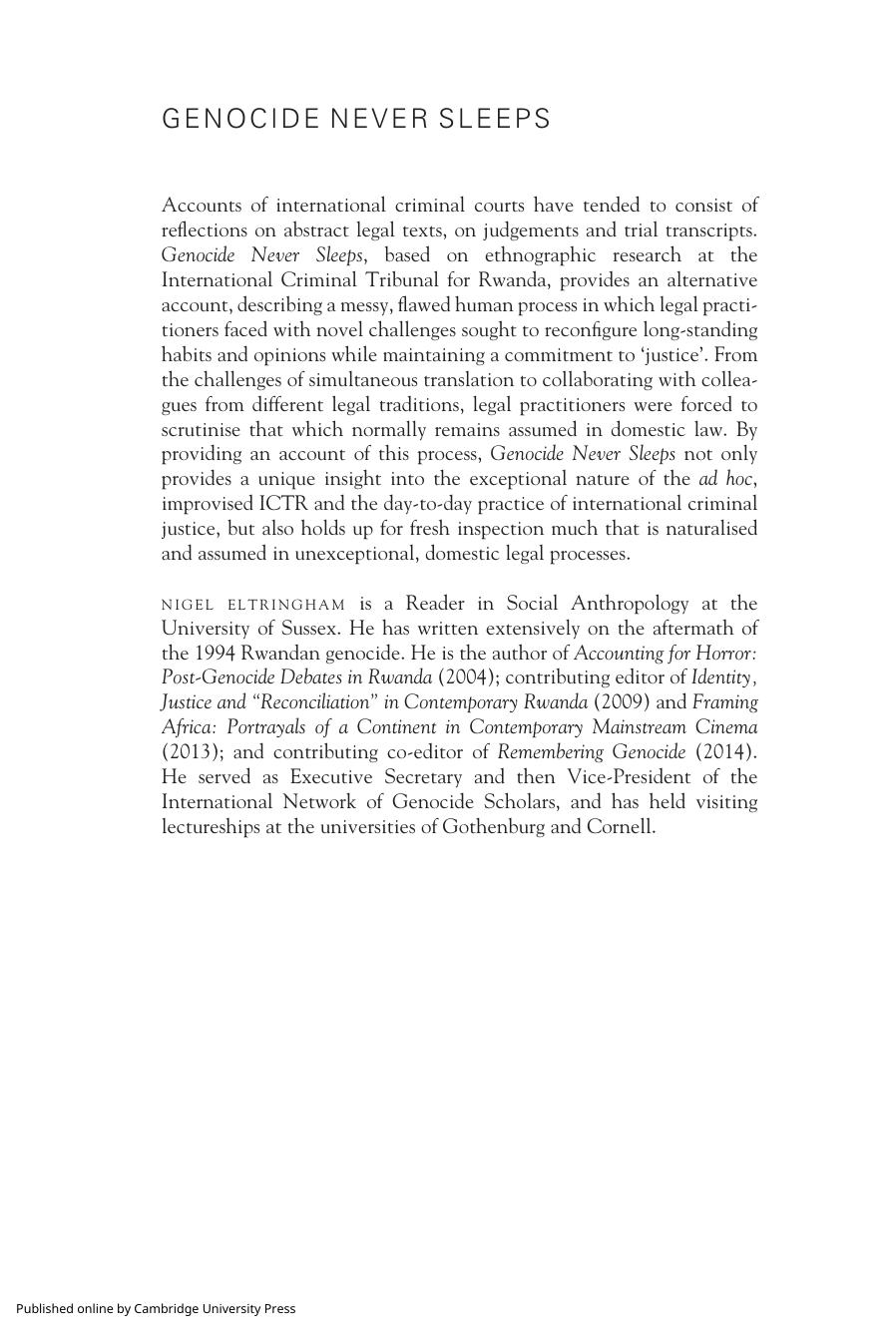 Genocide Never Sleeps: Living Law at the International Criminal Tribunal for Rwanda by Nigel Eltringham