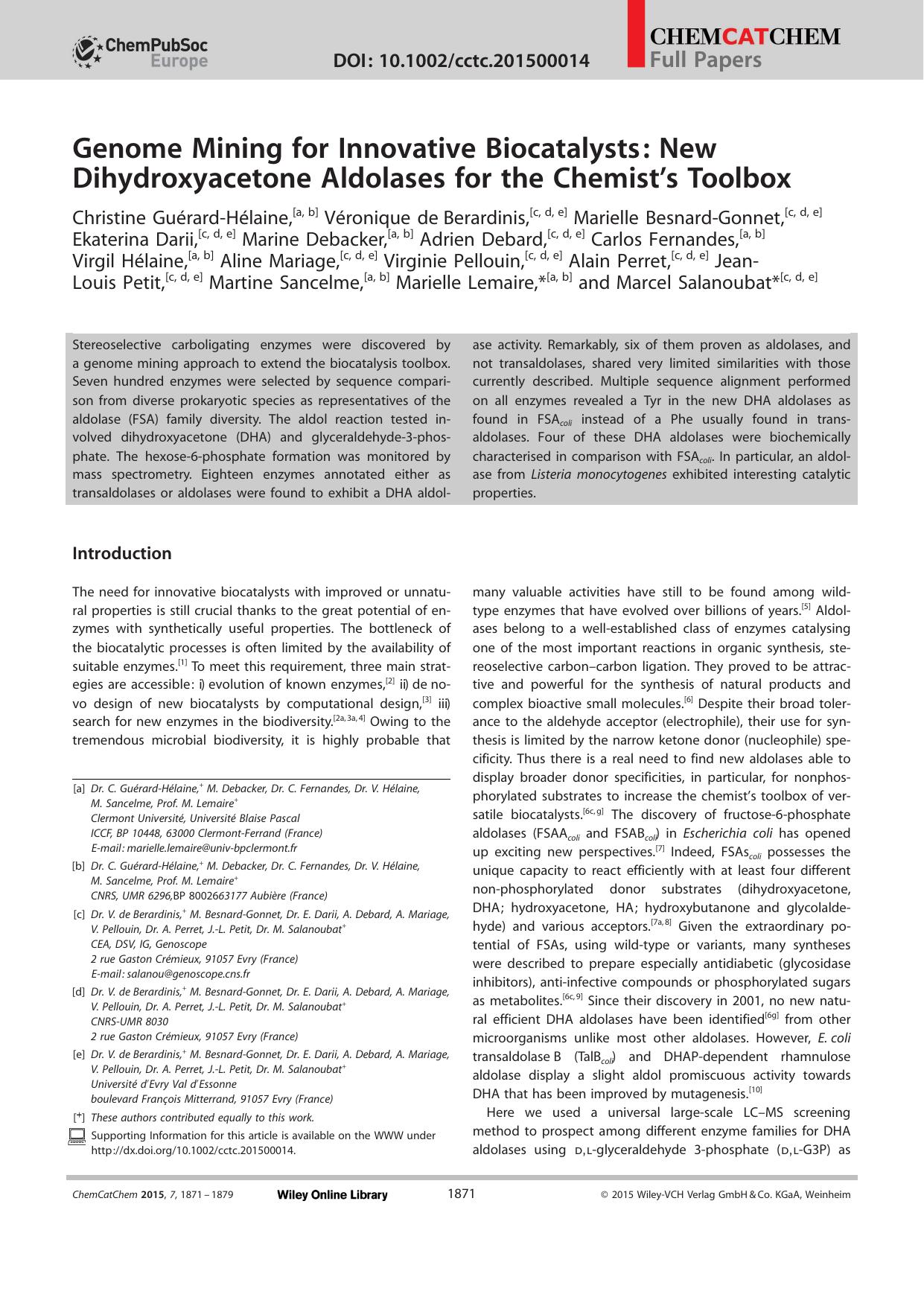 Genome Mining for Innovative Biocatalysts: New Dihydroxyacetone Aldolases for the Chemists Toolbox by Unknown