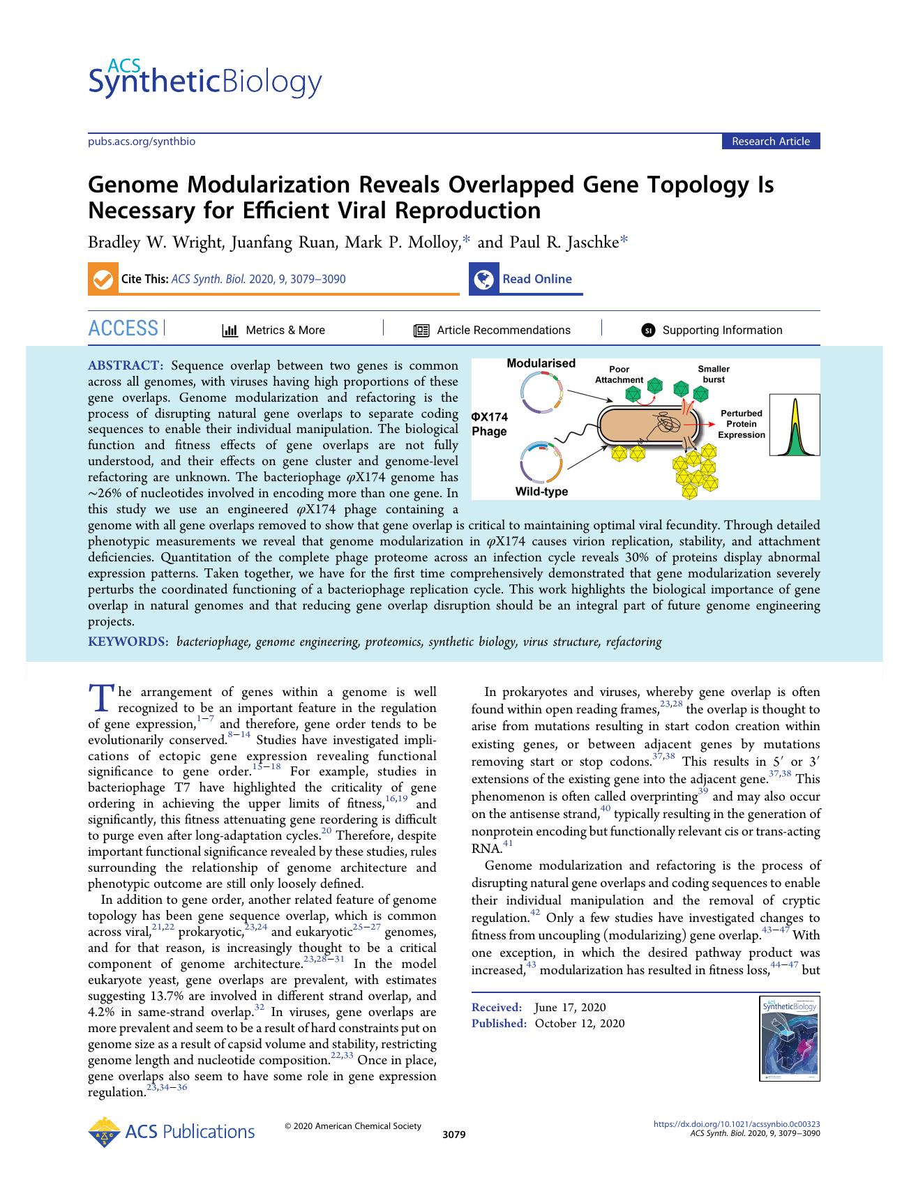 Genome Modularization Reveals Overlapped Gene Topology Is Necessary for Efficient Viral Reproduction by Bradley W. Wright Juanfang Ruan Mark P. Molloy and Paul R. Jaschke
