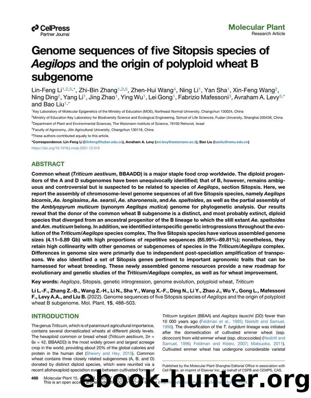 Genome sequences of&nbsp;five Sitopsis species of Aegilops and the origin of polyploid wheat B subgenome by unknow