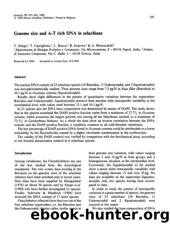 Genome size and A-T rich DNA in selachians by Unknown