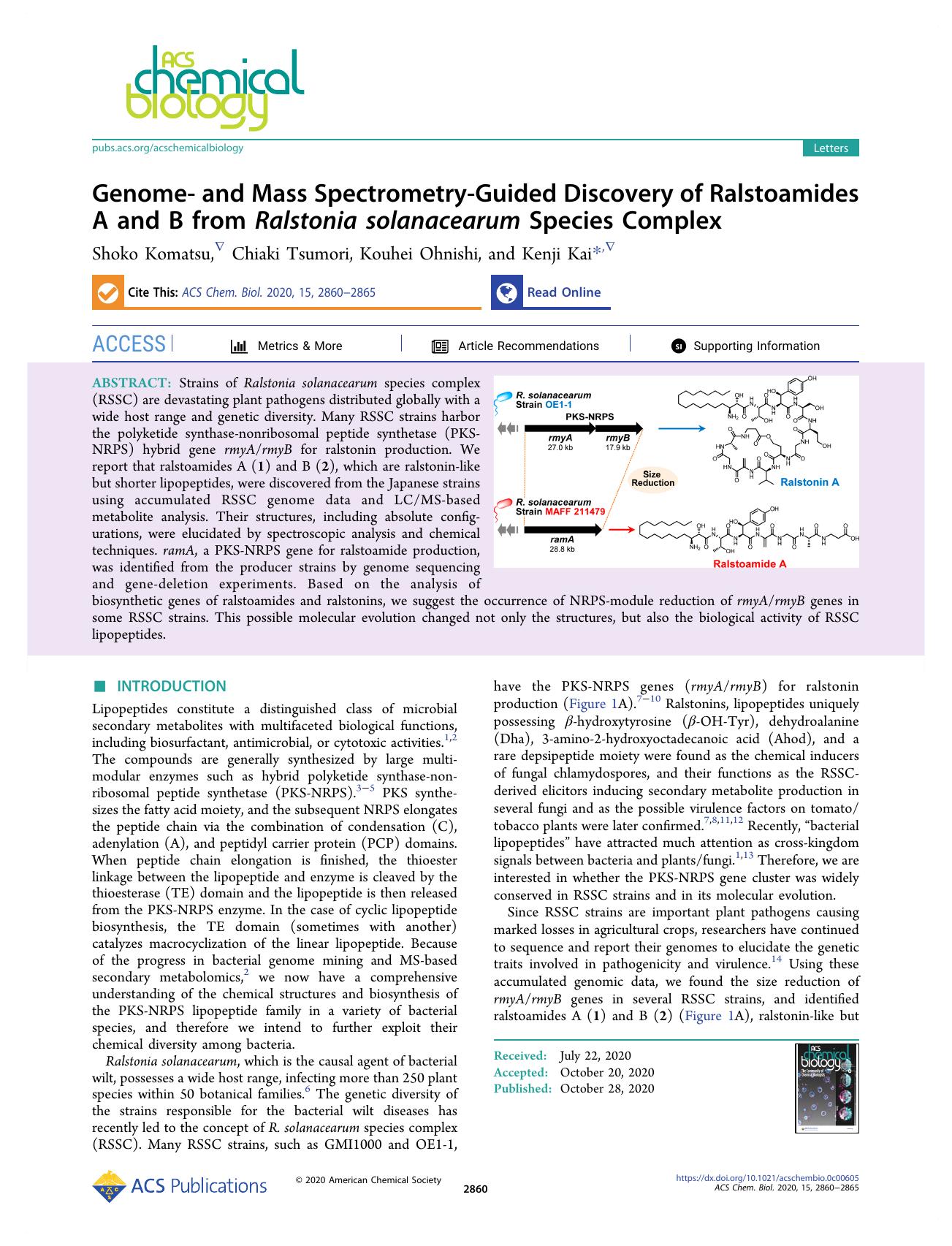 Genome- and Mass Spectrometry-Guided Discovery of Ralstoamides A and B from Ralstonia solanacearum Species Complex by Shoko Komatsu Chiaki Tsumori Kouhei Ohnishi and Kenji Kai