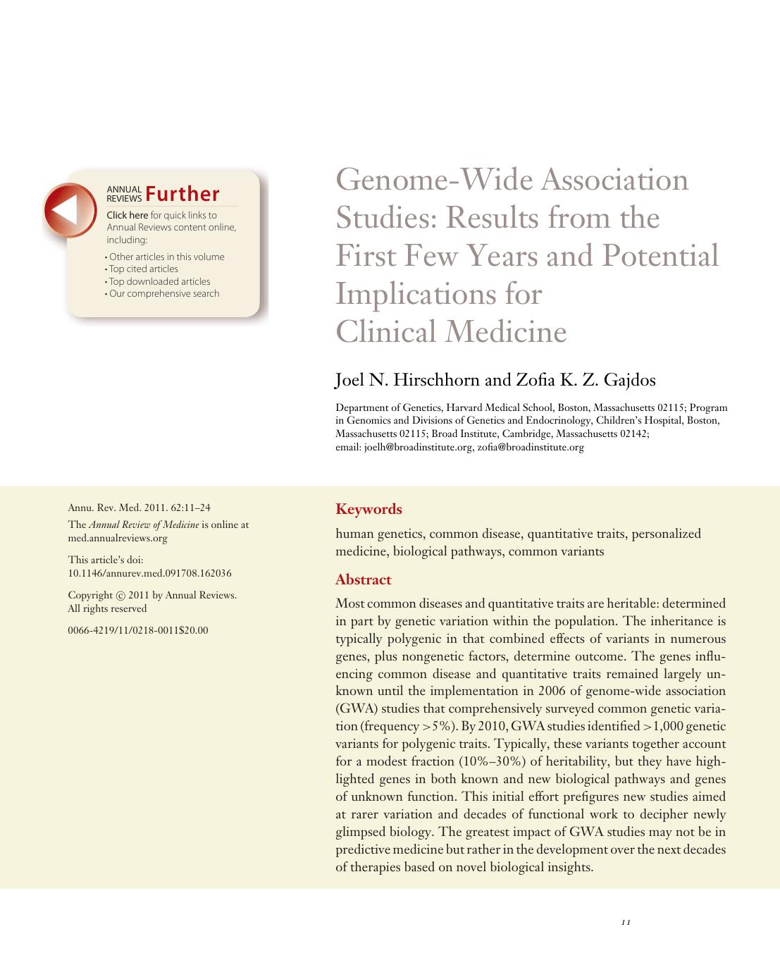 Genome-Wide Association Studies: Results from the First Few Years and Potential Implications for Clinical Medicine by Joel N. Hirschhorn and Zofia K. Z. Gajdos