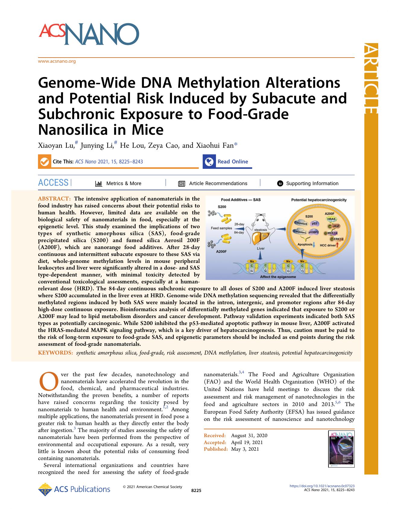Genome-Wide DNA Methylation Alterations and Potential Risk Induced by Subacute and Subchronic Exposure to Food-Grade Nanosilica in Mice by Xiaoyan Lu Junying Li He Lou Zeya Cao and Xiaohui Fan