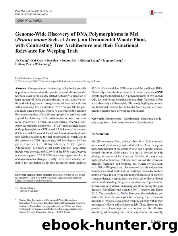 Genome-Wide Discovery of DNA Polymorphisms in Mei (Prunus mume Sieb. et Zucc.), an Ornamental Woody Plant, with Contrasting Tree Architecture and their Functional Relevance for Weeping Trait by unknow