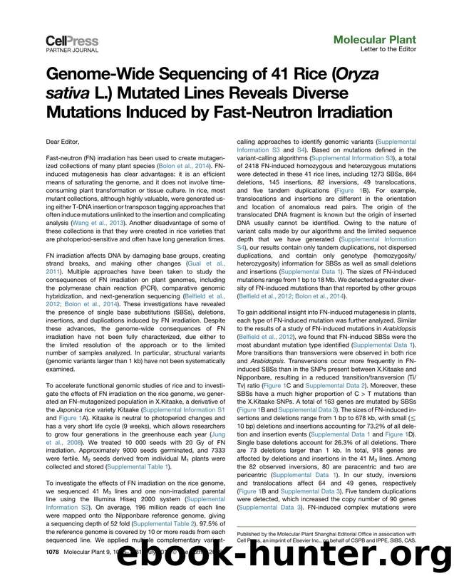 Genome-Wide Sequencing of 41 Rice (Oryza sativa L.) Mutated Lines Reveals Diverse Mutations Induced by Fast-Neutron Irradiation by unknow
