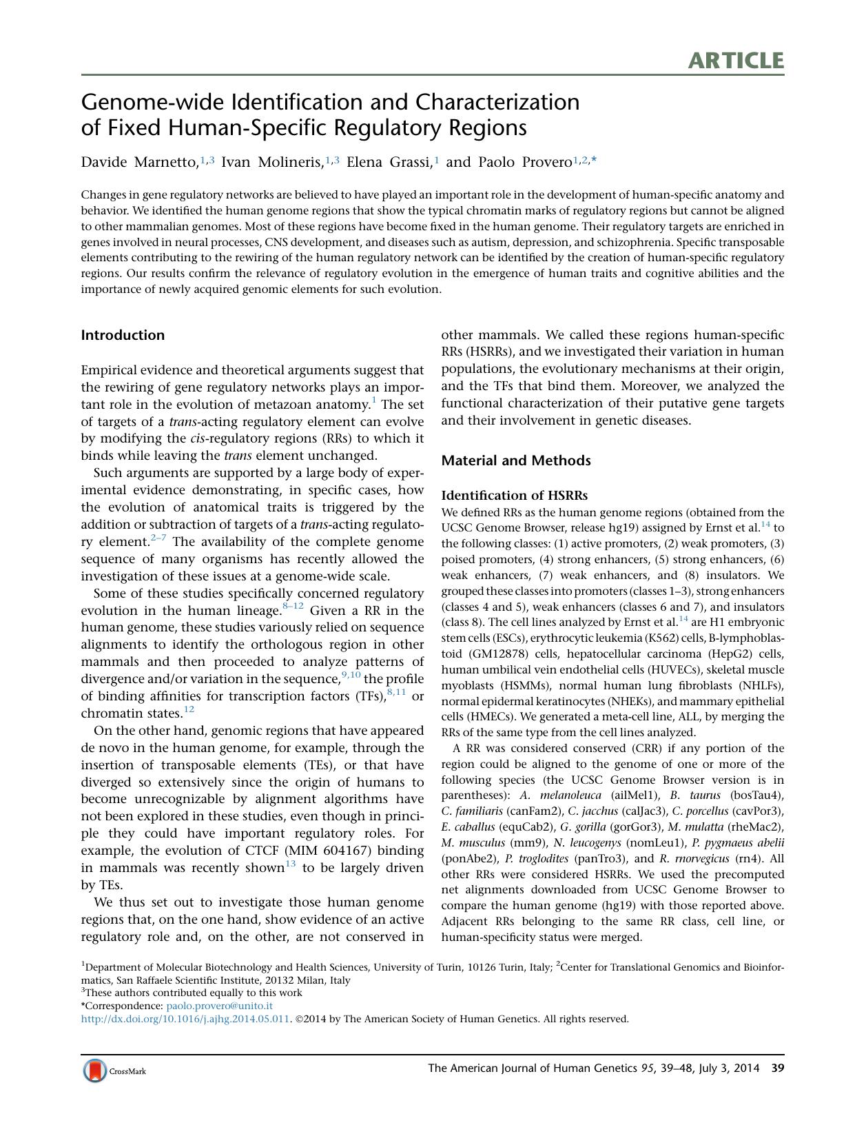 Genome-wide Identification and Characterization of Fixed Human-Specific Regulatory Regions by Davide Marnetto & Ivan Molineris & Elena Grassi & Paolo Provero