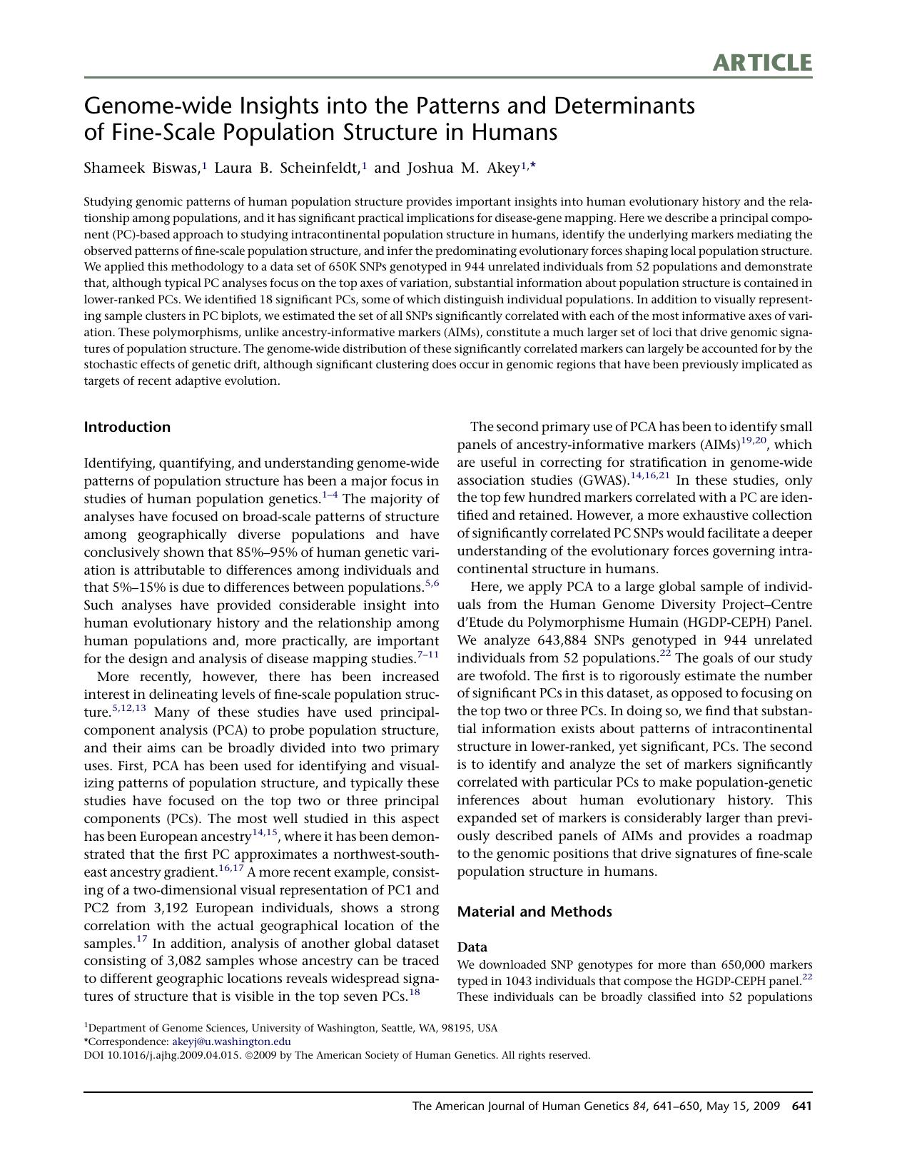 Genome-wide Insights into the Patterns and Determinants of Fine-Scale Population Structure in Humans by Shameek Biswas; Laura B. Scheinfeldt; Joshua M. Akey
