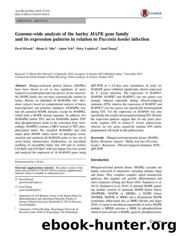 Genome-wide analysis of the barley MAPK gene family and its expression patterns in relation to Puccinia hordei infection by Pavel Křenek & Rients E. Niks & Anton Vels & Petra Vyplelová & Jozef Šamaj