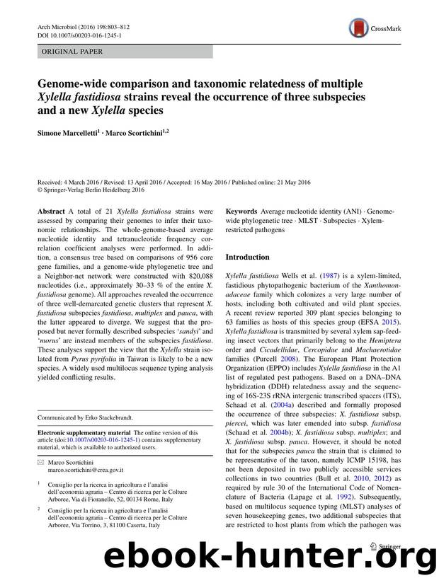 Genome-wide comparison and taxonomic relatedness of multiple Xylella fastidiosa strains reveal the occurrence of three subspecies and a new Xylella species by Simone Marcelletti & Marco Scortichini