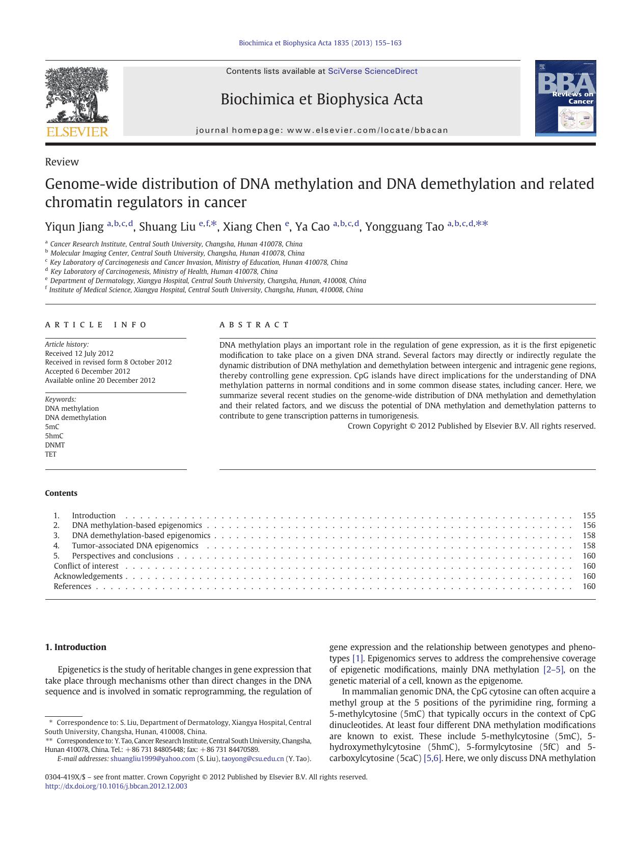 Genome-wide distribution of DNA methylation and DNA demethylation and related chromatin regulators in cancer by Yiqun Jiang & Shuang Liu & Xiang Chen & Ya Cao & Yongguang Tao