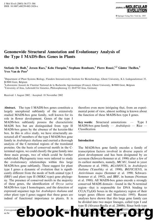 Genomewide Structural Annotation and Evolutionary Analysis of the Type I MADS-Box Genes in Plants by De Bodt S. et al