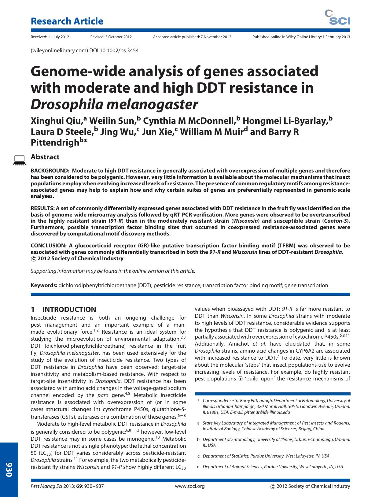 Genomewide analysis of genes associated with moderate and high DDT resistance in Drosophila melanogaster by Unknown