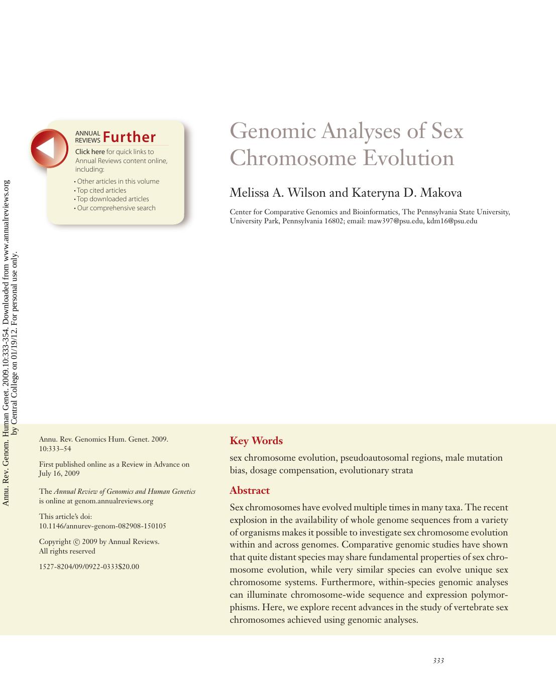 Genomic Analyses of Sex Chromosome Evolution by Melissa A. Wilson & Kateryna D. Makova