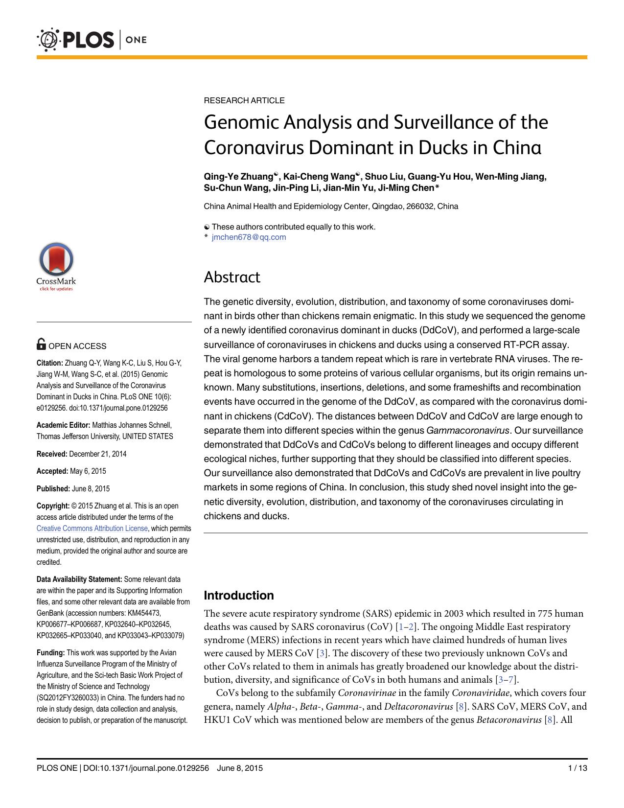 Genomic Analysis and Surveillance of the Coronavirus Dominant in Ducks in China by unknow