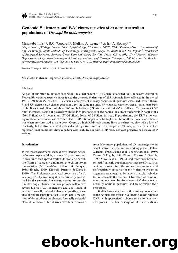 Genomic P elements and P-M characteristics of eastern Australian populations of Drosophila melanogaster by Unknown