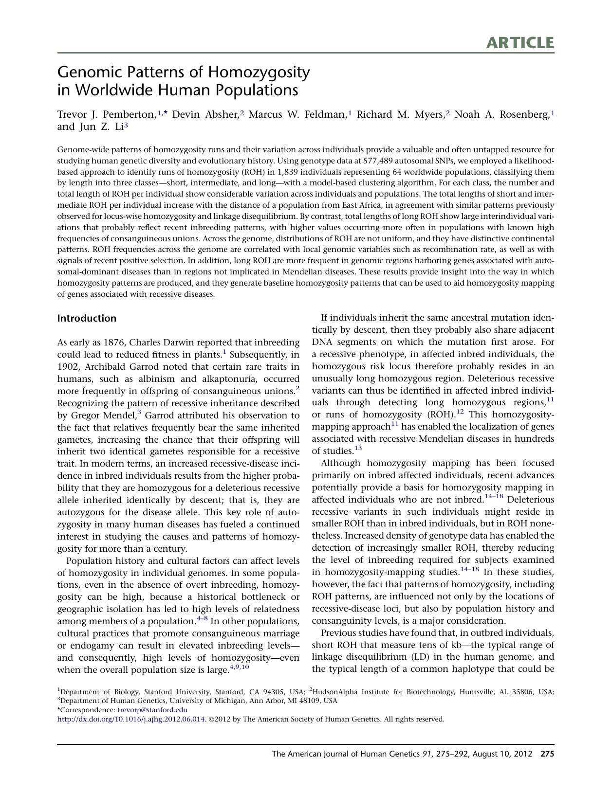 Genomic Patterns of Homozygosity in Worldwide Human Populations by unknow