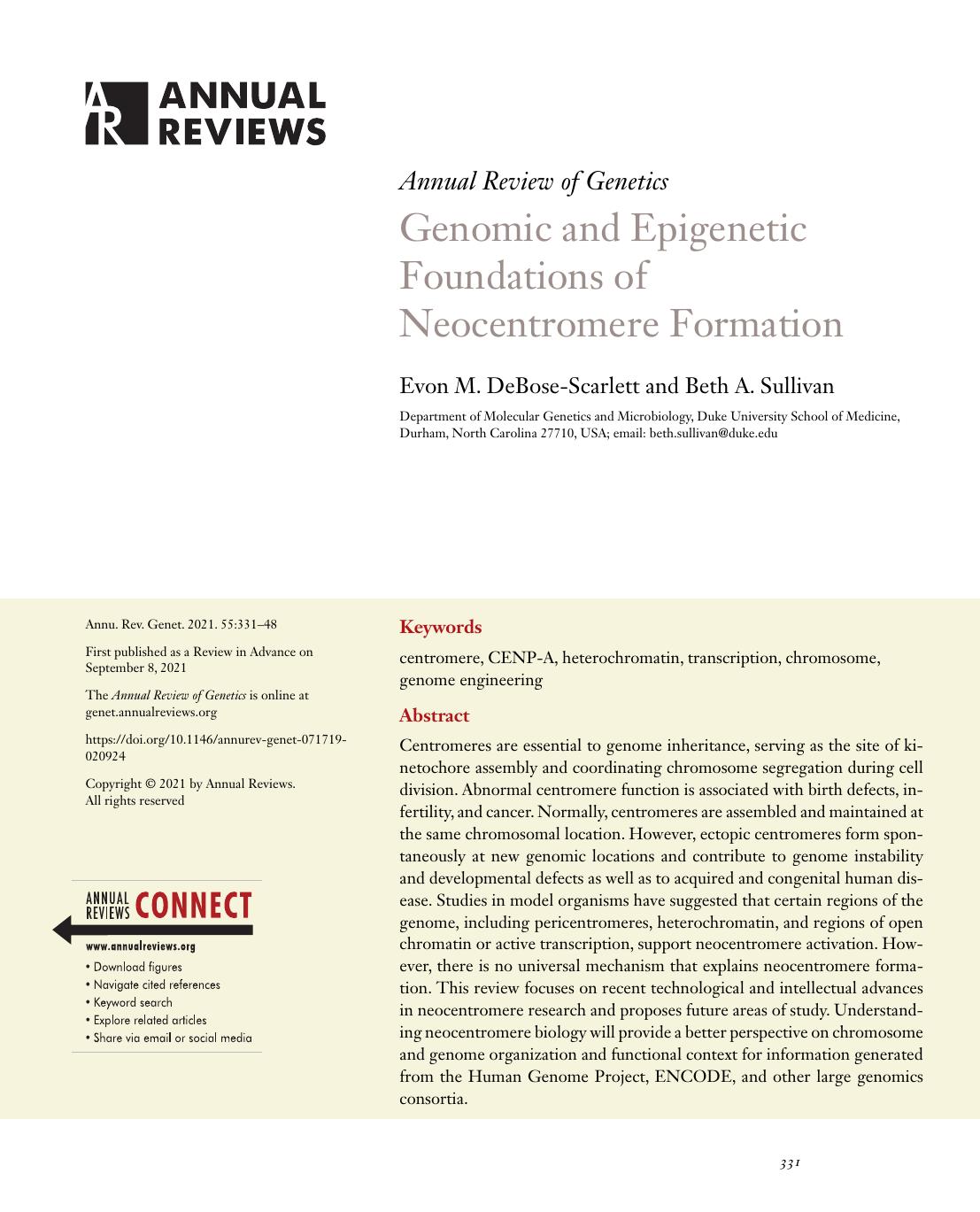 Genomic and Epigenetic Foundations of Neocentromere Formation by Evon M. DeBose-Scarlett and Beth A. Sullivan