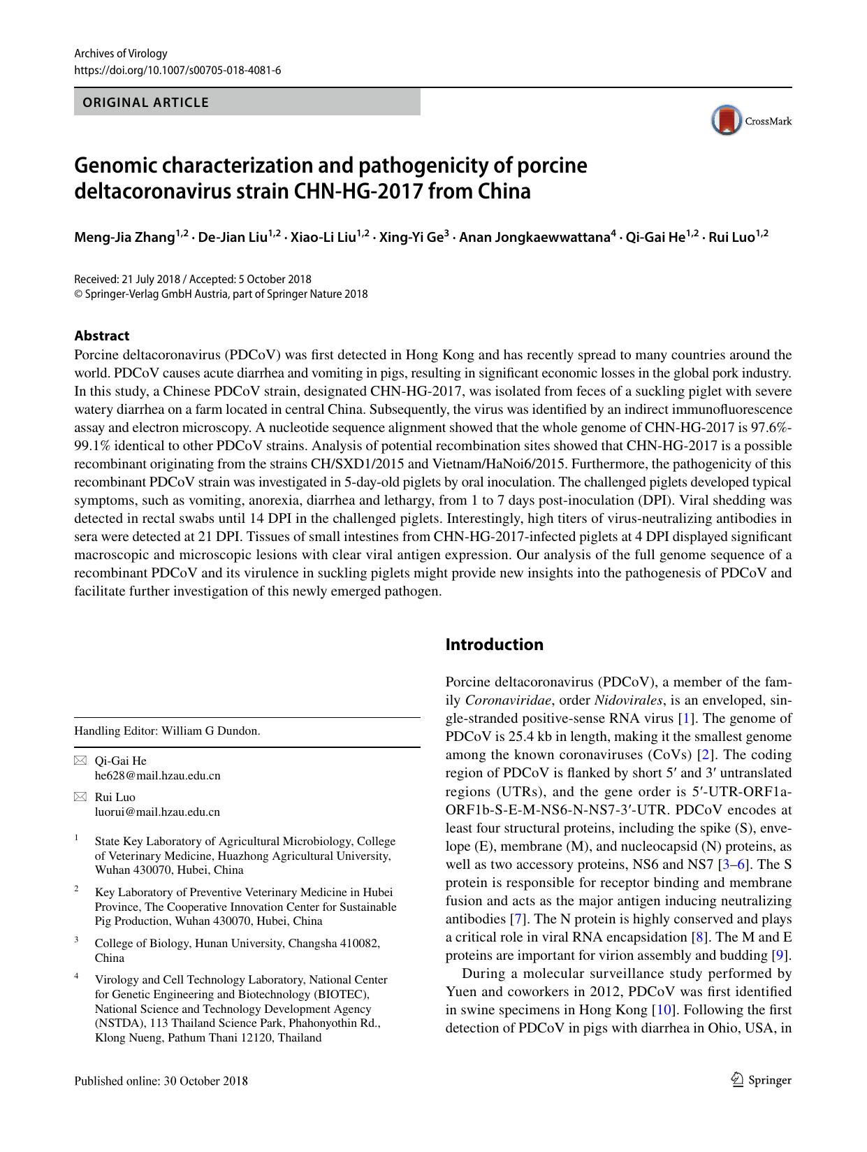 Genomic characterization and pathogenicity of porcine deltacoronavirus strain CHN-HG-2017 from China by unknow