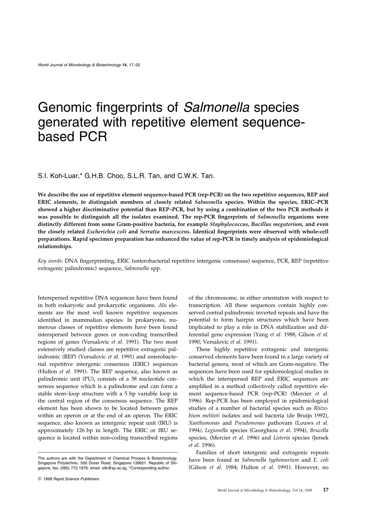 Genomic fingerprints of Salmonella species generated with repetitive element sequence-based PCR by Unknown