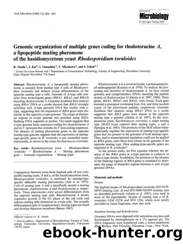 Genomic organization of multiple genes coding for rhodotorucine <Emphasis Type="Italic">A<Emphasis>, a lipopeptide mating pheromone of the basidiomycetous yeast <Emphasis Type="Ita by Unknown