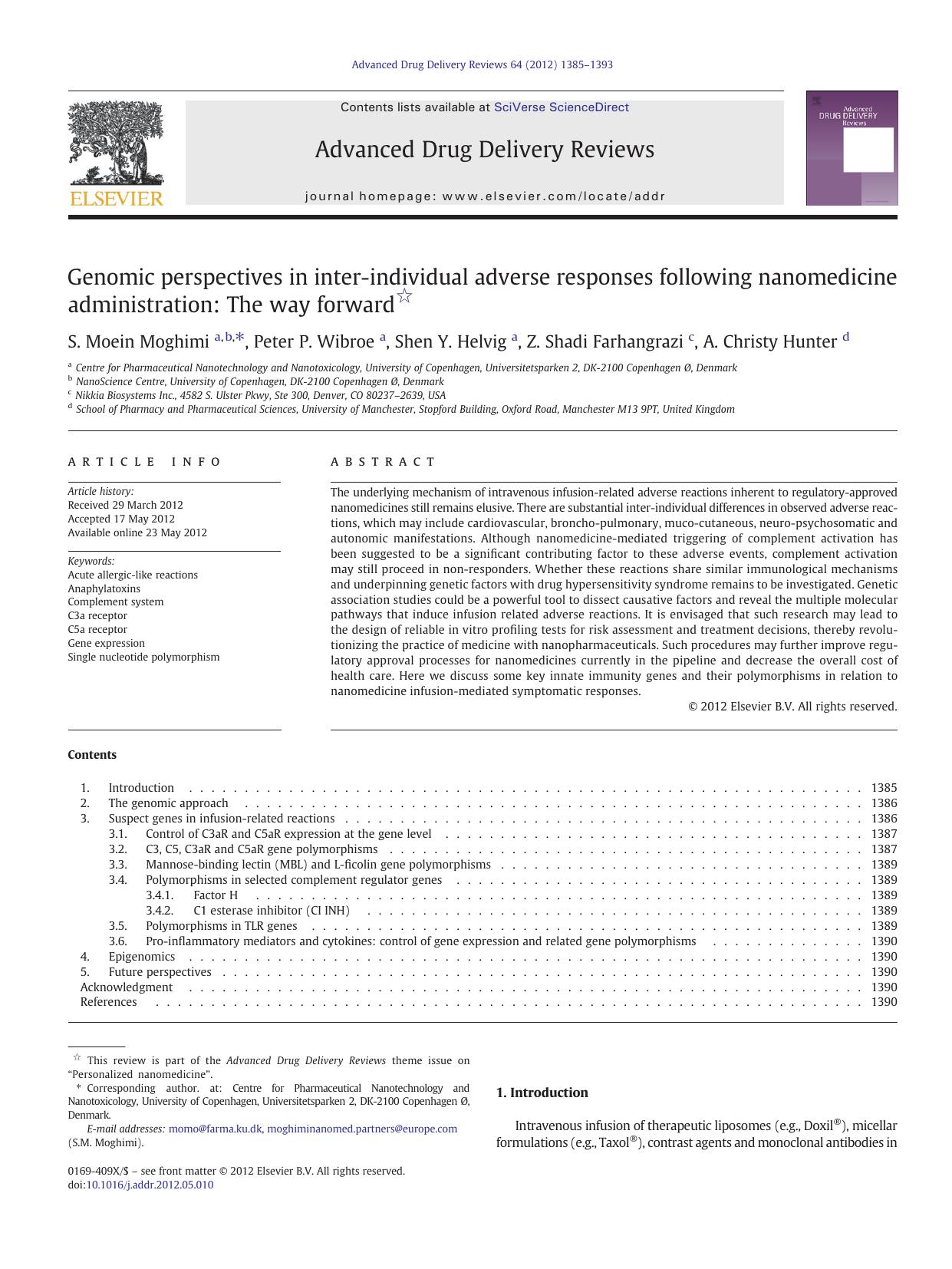 Genomic perspectives in inter-individual adverse responses following nanomedicine administration: The way forward by S. Moein Moghimi & Peter P. Wibroe & Shen Y. Helvig & Z. Shadi Farhangrazi & A. Christy Hunter