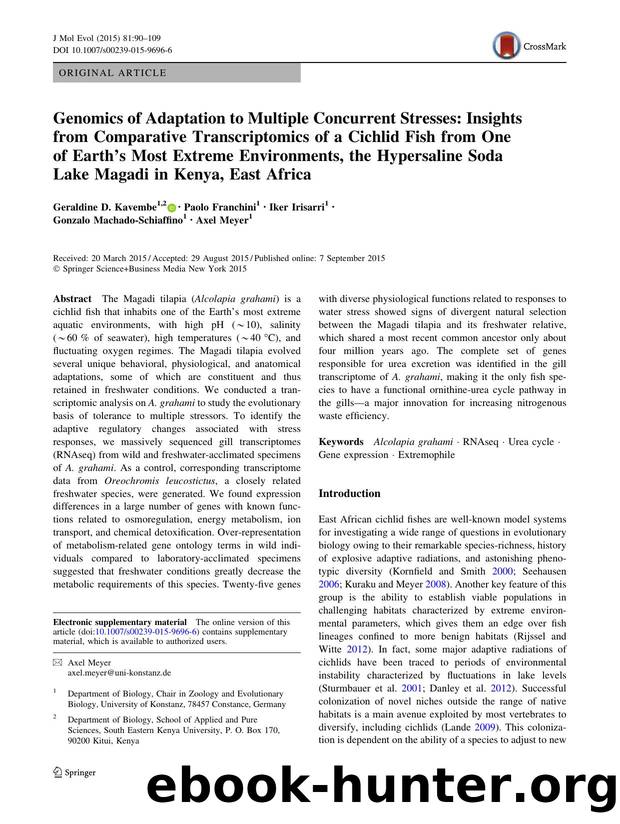 Genomics of Adaptation to Multiple Concurrent Stresses: Insights from Comparative Transcriptomics of a Cichlid Fish from One of Earthâs Most Extreme Environments, the Hypersaline by Geraldine D. Kavembe & Paolo Franchini & Iker Irisarri & Gonzalo Machado-Schiaffino & Axel Meyer