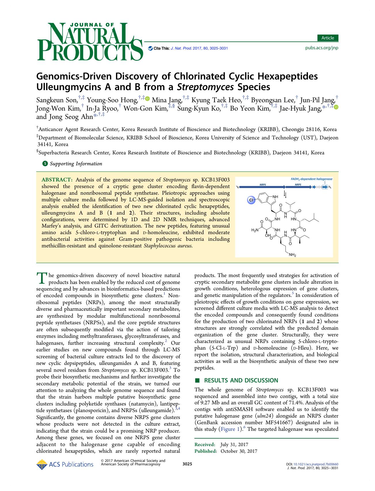 Genomics-Driven Discovery of Chlorinated Cyclic Hexapeptides Ulleungmycins A and B from a Streptomyces Species by unknow