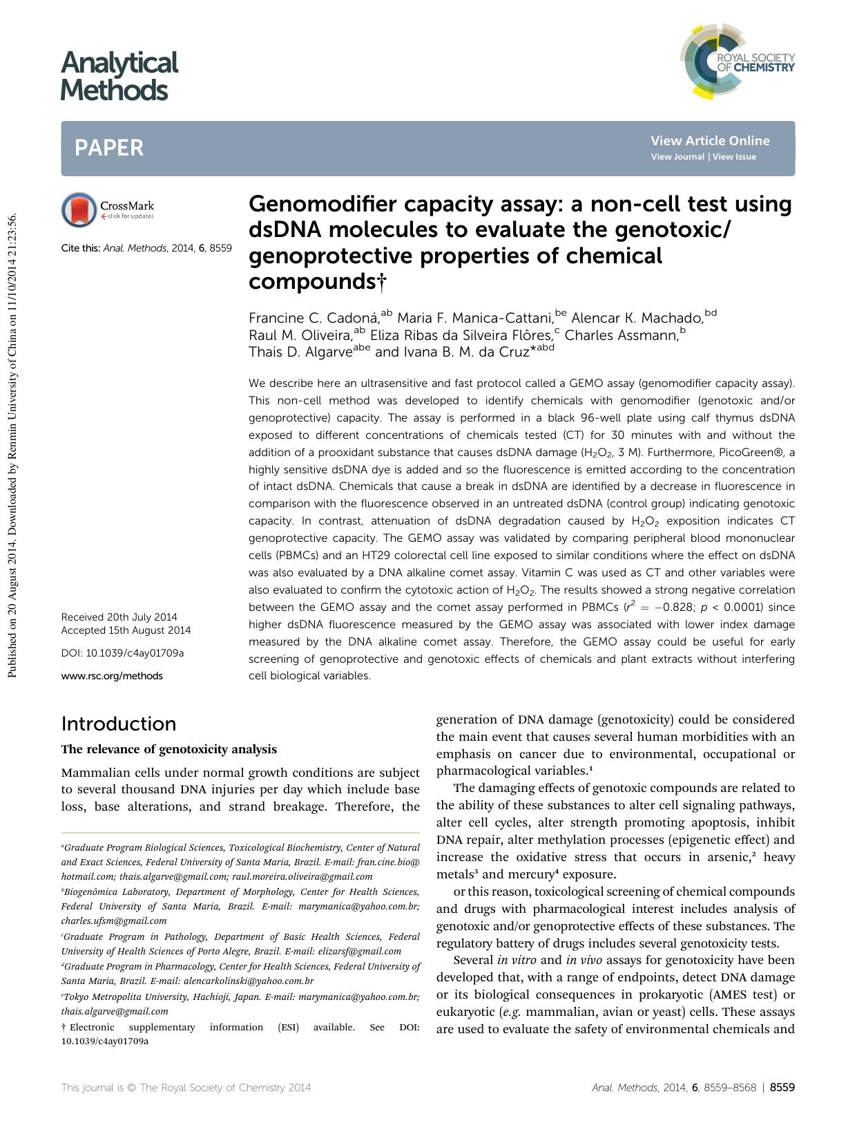 Genomodifier capacity assay: a non-cell test using dsDNA molecules to evaluate the genotoxicgenoprotective properties of chemical compounds by unknow