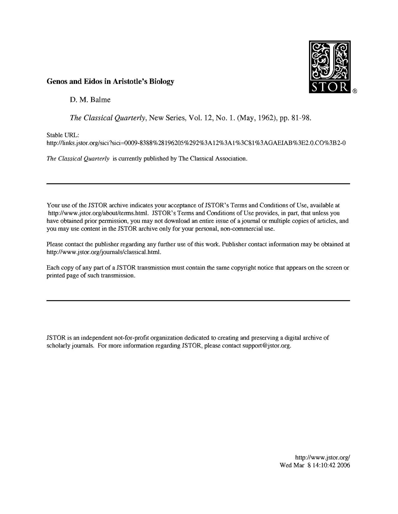 Genos and Eidos in Aristotle's Biology by BALME