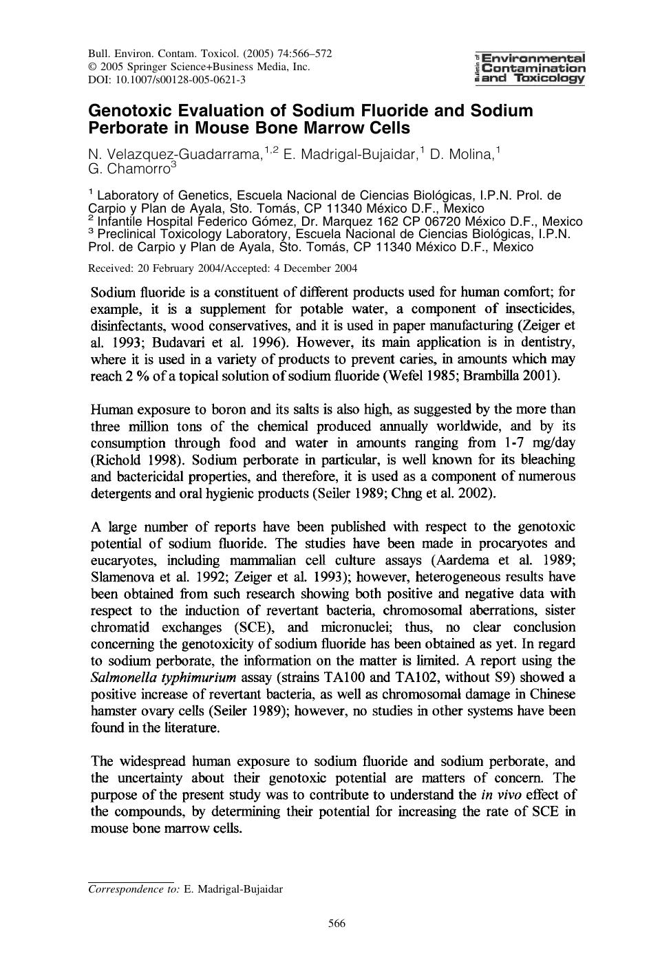Genotoxic Evaluation of Sodium Fluoride and Sodium Perborate in Mouse Bone Marrow Cells by Velazquez-Guadarrama N. et al