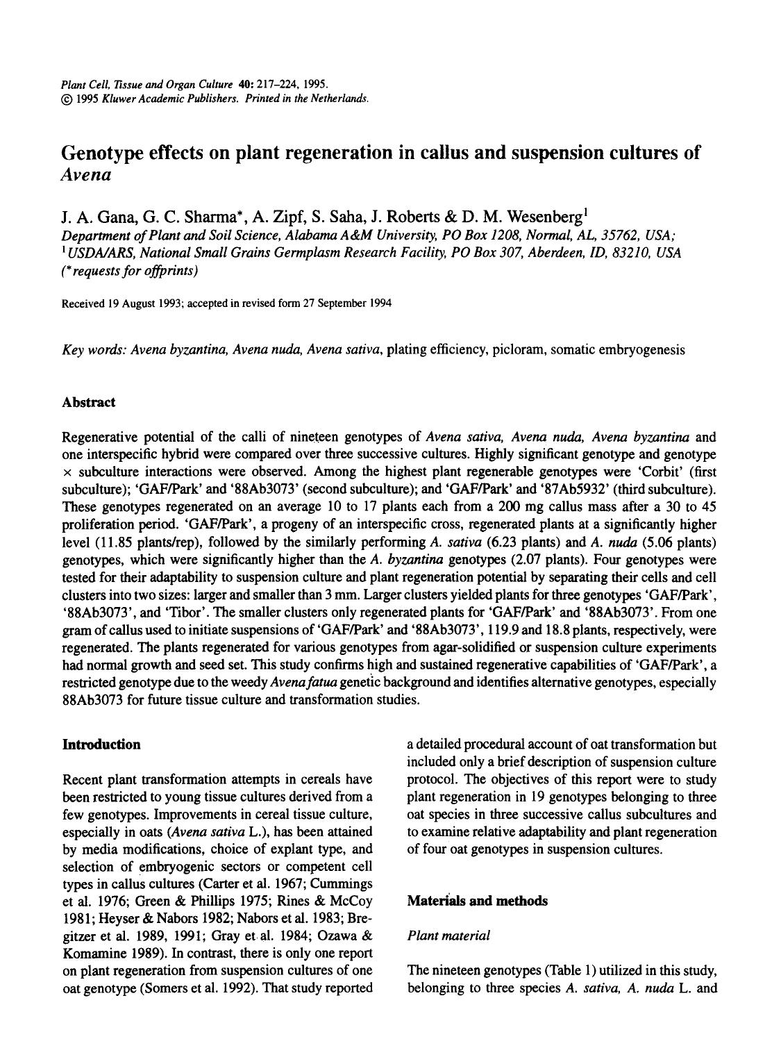 Genotype effects on plant regeneration in callus and suspension cultures of <Emphasis Type="Italic">Avena <Emphasis> by Unknown