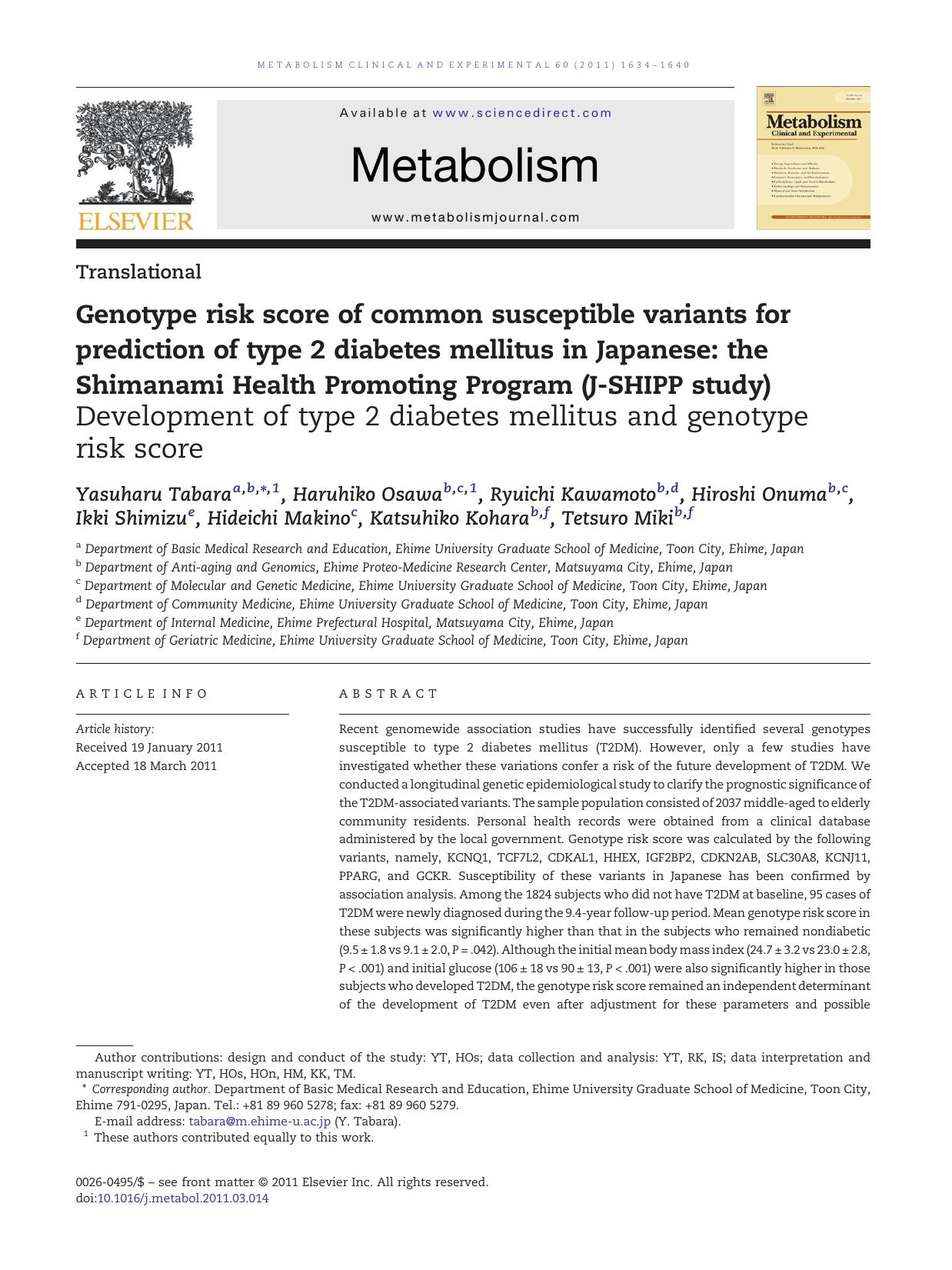 Genotype risk score of common susceptible variants for prediction of type 2 diabetes mellitus in Japanese: the Shimanami Health Promoting Program (J-SHIPP study) by unknow