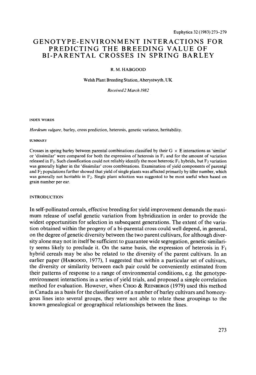 Genotype-environment interactions for predicting the breeding value of bi-parental crosses in spring barley by Unknown