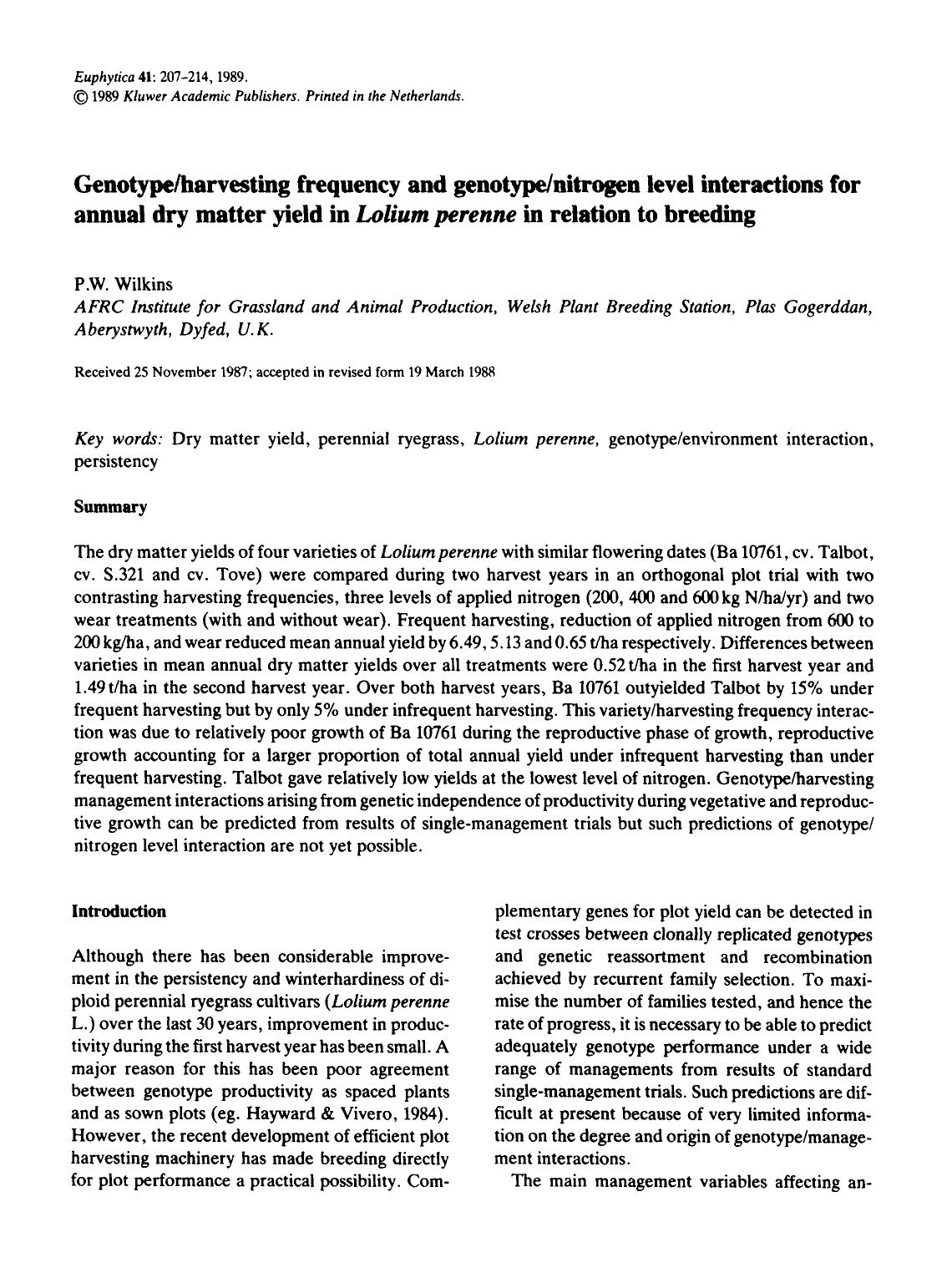 Genotypeharvesting frequency and genotypenitrogen level interactions for annual dry matter yield in <Emphasis Type="Italic">Lolium perenne <Emphasis> in relation to breeding by Unknown