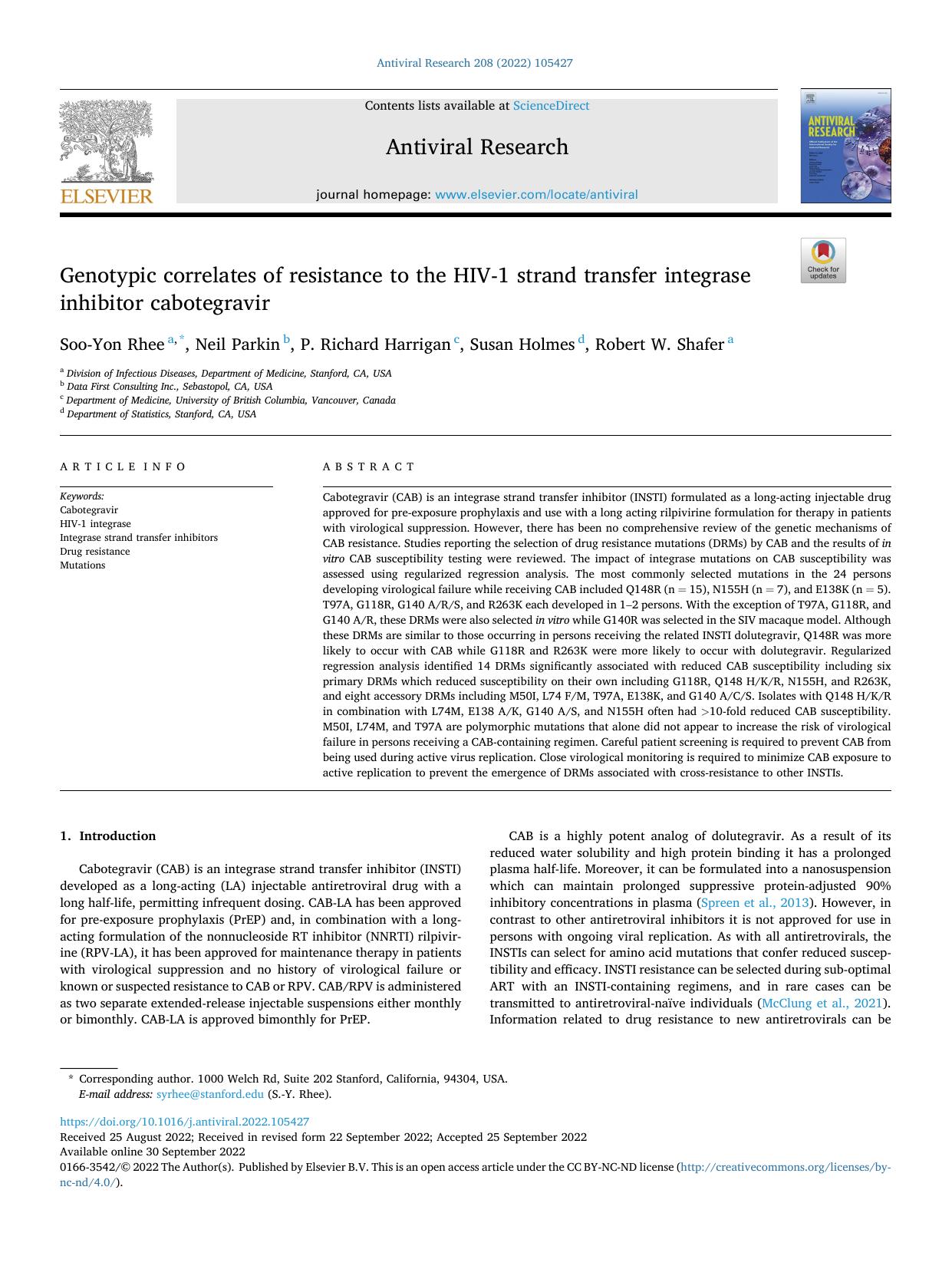 Genotypic correlates of resistance to the HIV-1 strand transfer integrase inhibitor cabotegravir by Soo-Yon Rhee & Neil Parkin & P. Richard Harrigan & Susan Holmes & Robert W. Shafer