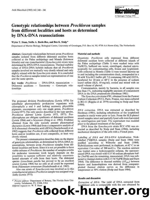 Genotypic relationships between <Emphasis Type="Italic">Prochloron<Emphasis> samples from different localities and hosts as determined by DNA-DNA reassociations by Unknown